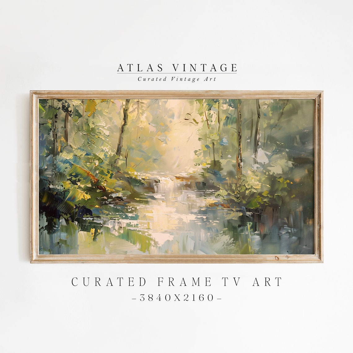 Sunlit Forest Stream Impressionist Green Woodland Painting Poster