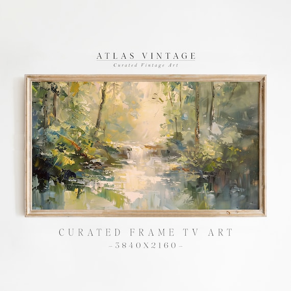 Sunlit Forest Stream Impressionist Green Woodland Painting Poster