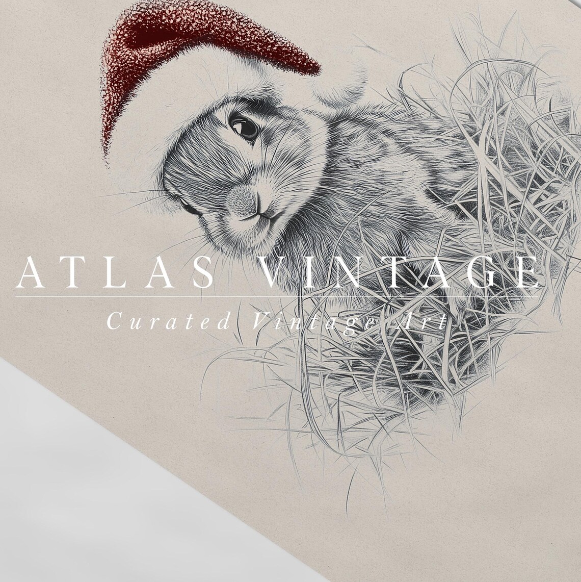 Baby Rabbit Santa Hat Sketch Christmas Vintage Animal Drawing Poster - Image 7