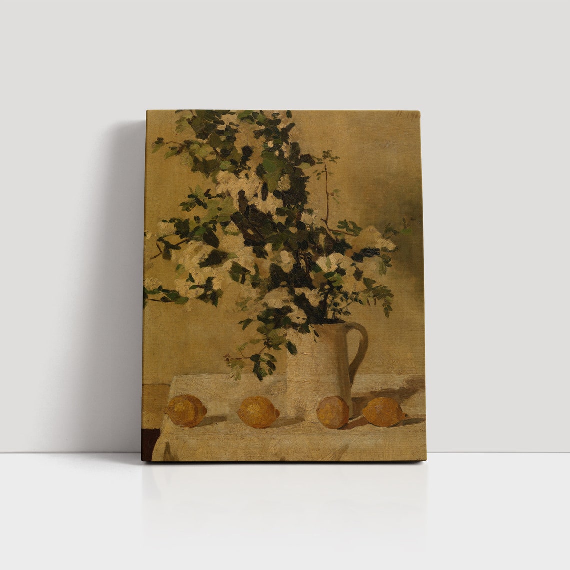 White Blossoms in Pitcher With Lemons Antique Still Life Poster - Image 6
