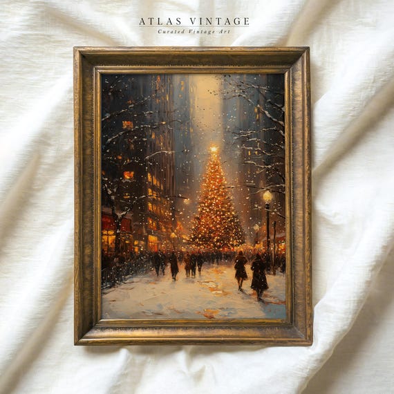 Vintage Christmas Tree Painting Print Winter Snowy Cityscape Golden Decor Dark Moody Christmas Art Xmas Holiday Prints