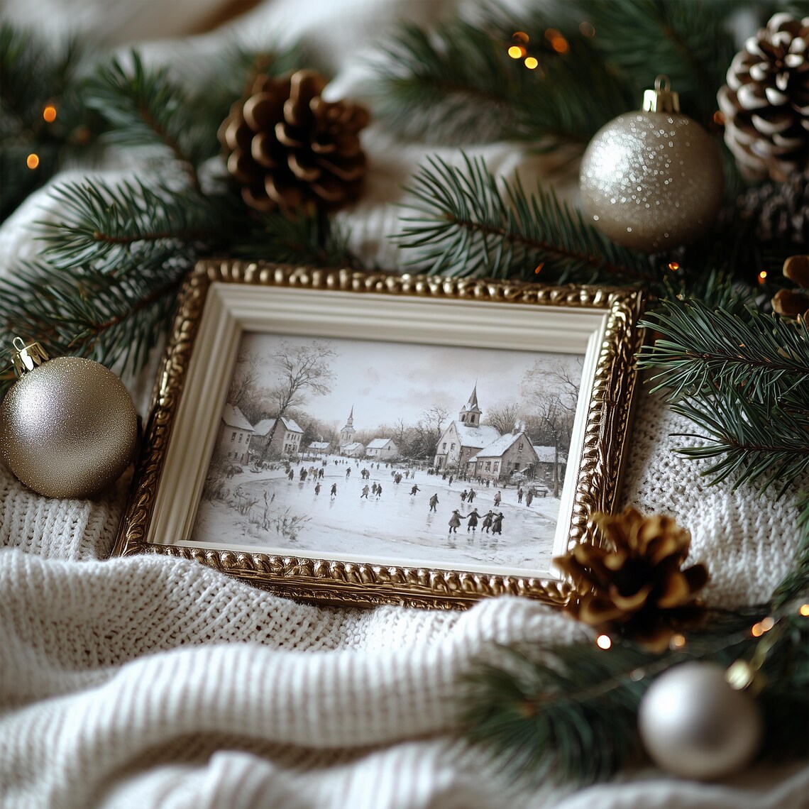 Vintage Hockey Players Print Neutral Winter Holiday Decor Christmas Village Snowy Landscape Painting Cityscape Prints - Image 2