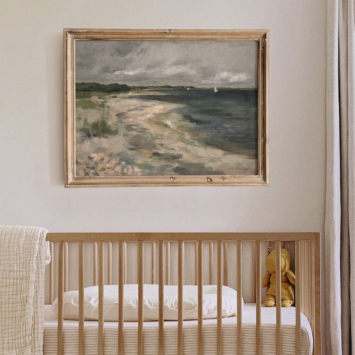 Vintage Beach Seascape with Sailboats under Cloudy Sky Poster - Image 7