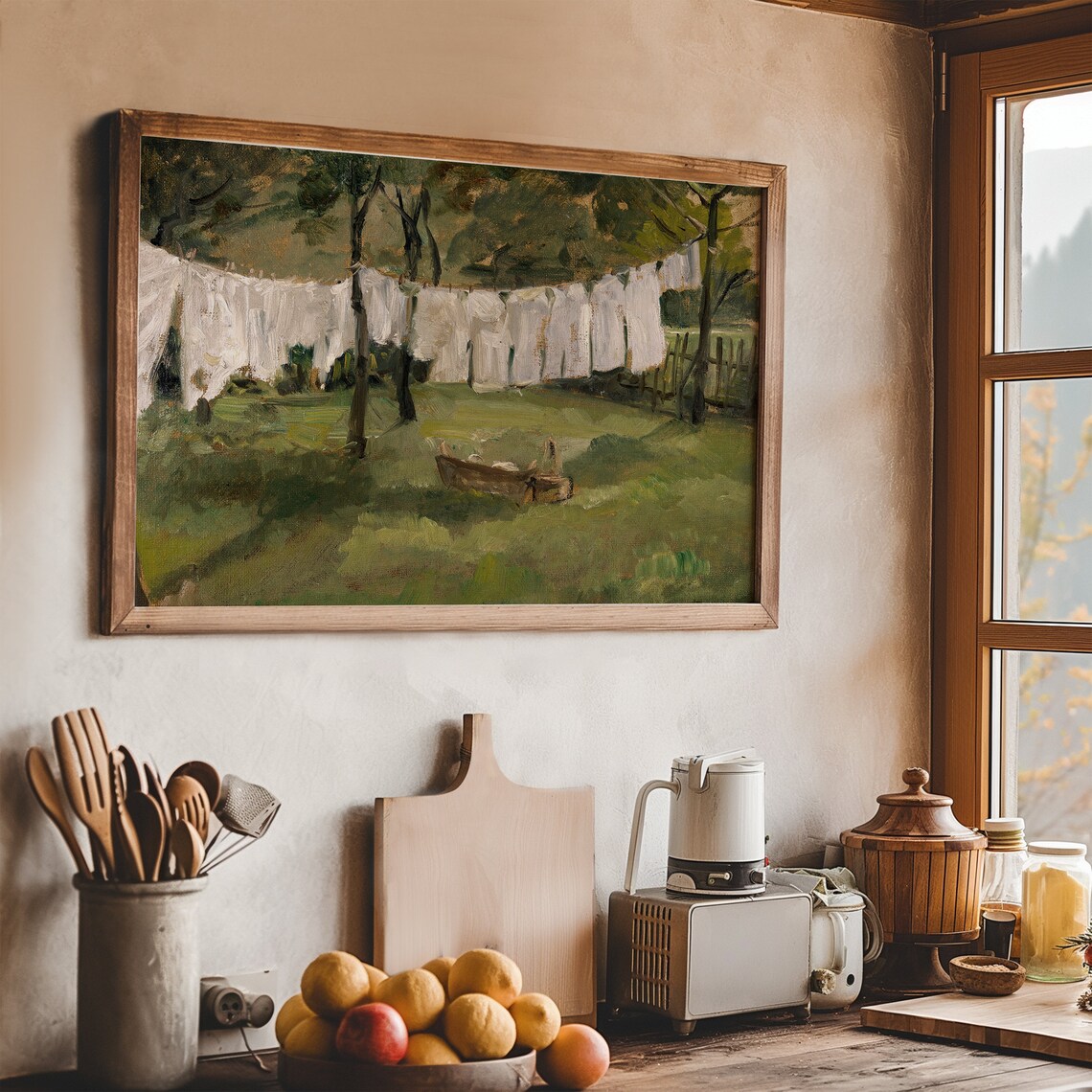 Sunlit Laundry Lines White Sheets On Green Farmyard Cottage Wall Poster - Image 7