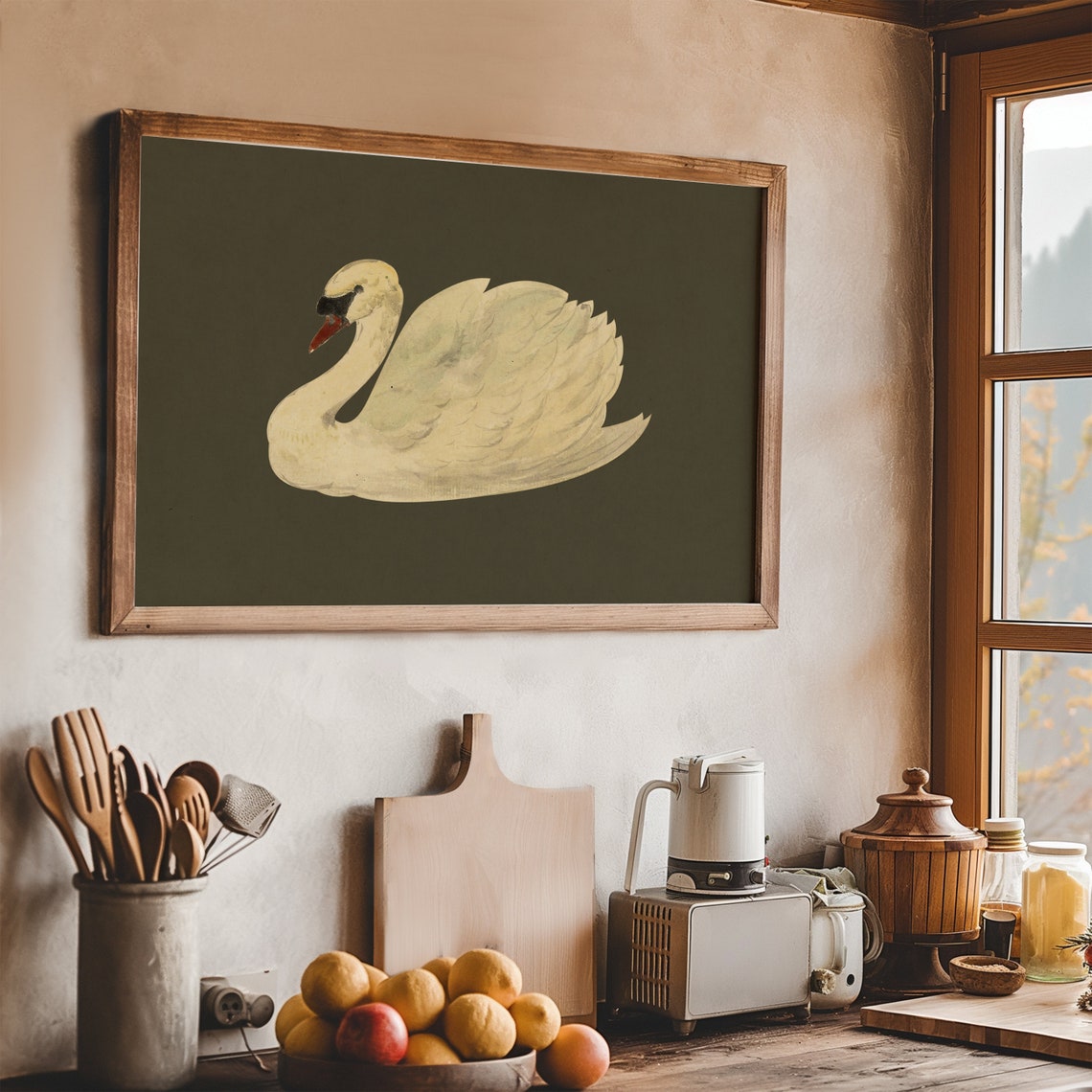 Minimalist White Swan on Dark Olive Elegant Bird Painting Poster - Image 8