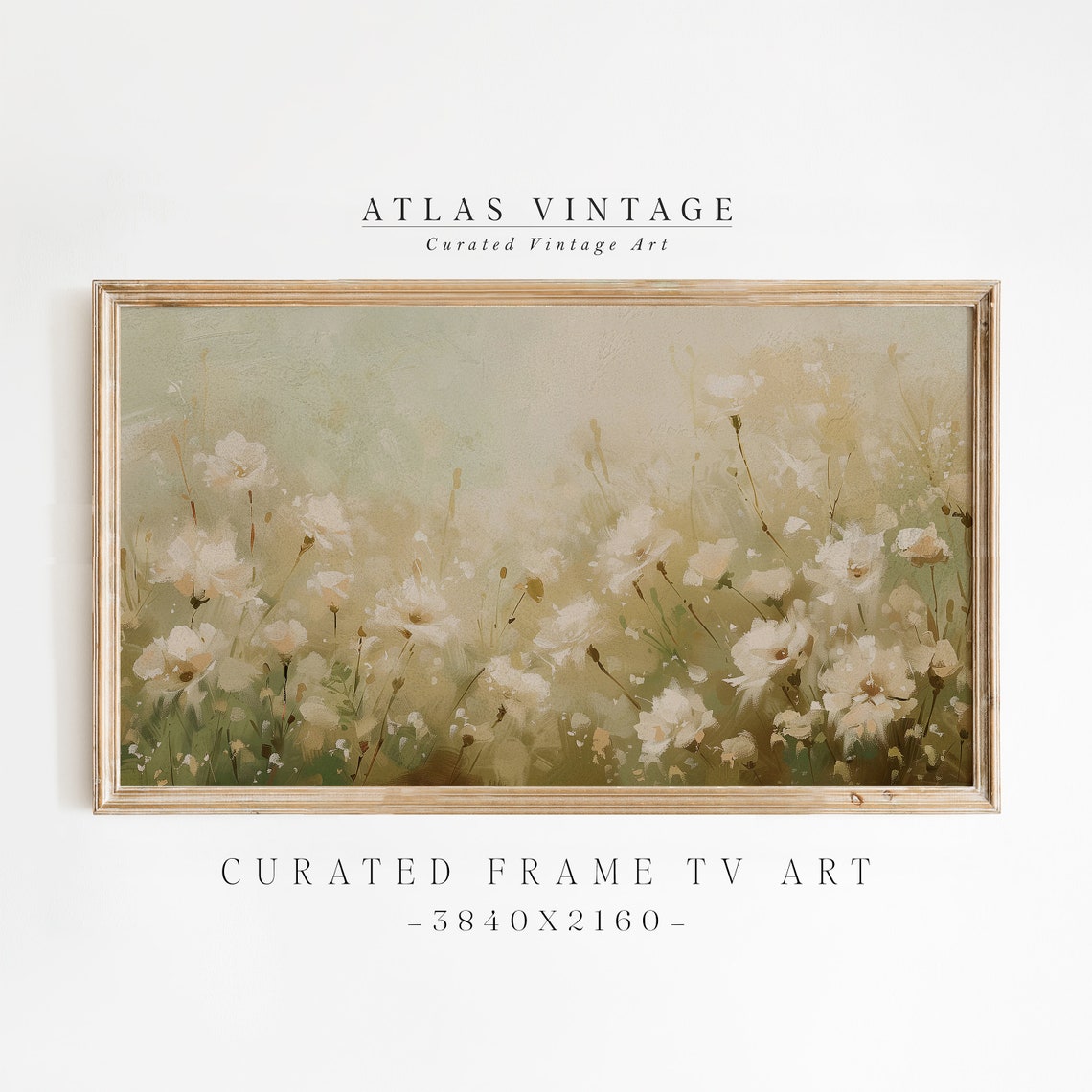 White Wildflower Meadow In Soft Sage Green Spring Frame TV Print
