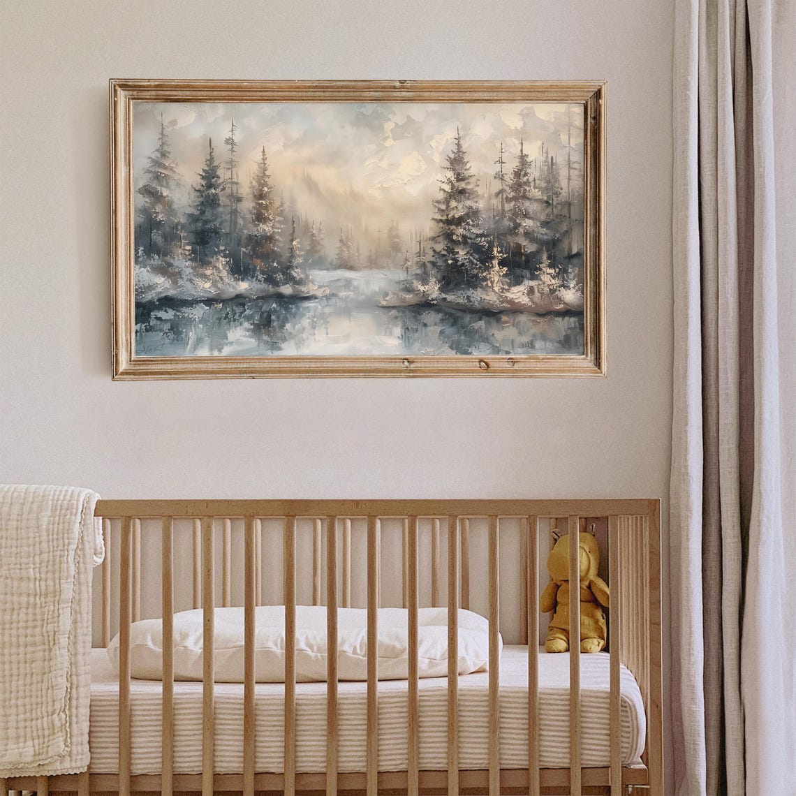 Misty Winter Pine Forest Frozen Lake Reflection Painting Poster - Image 6
