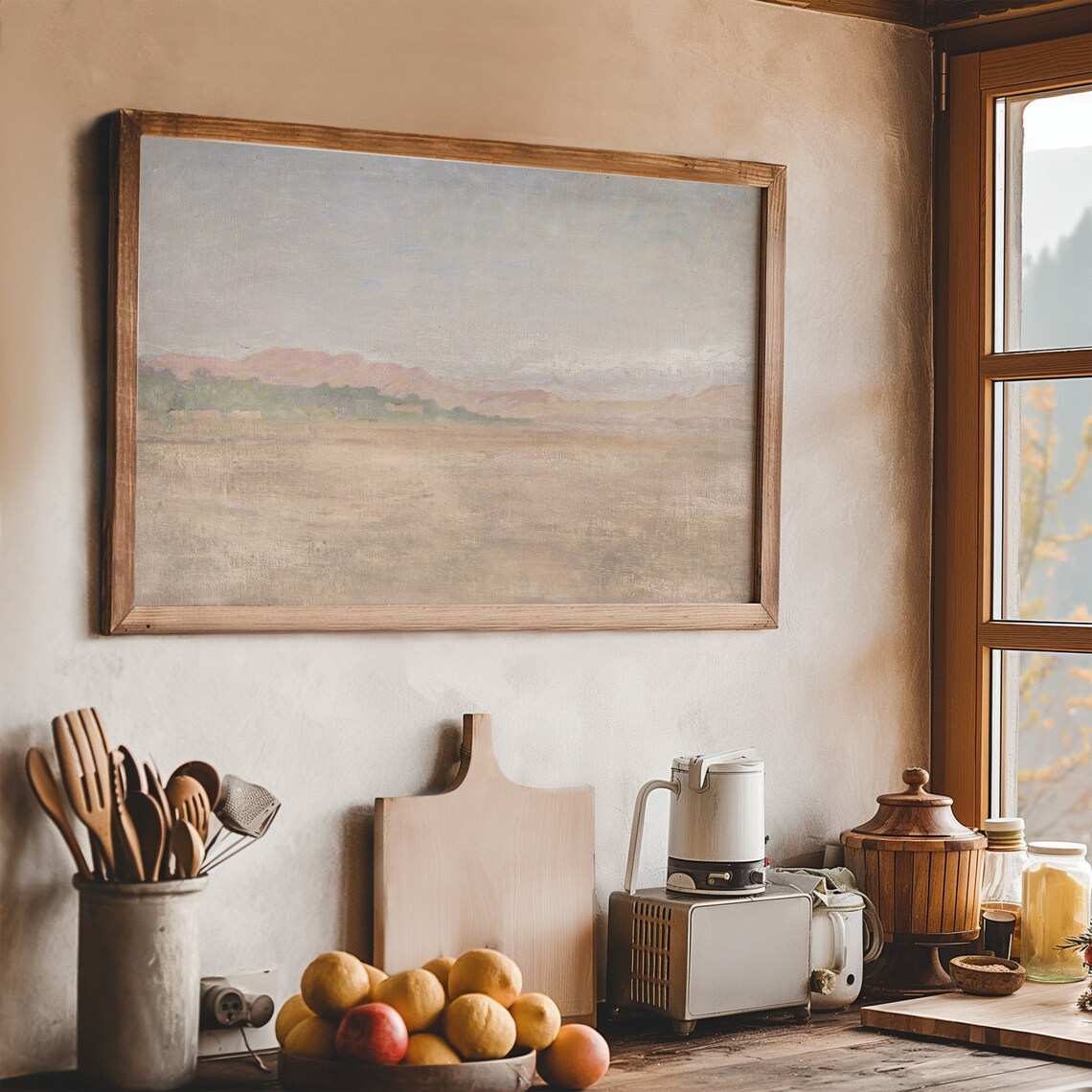 Warm Desert Plain Distant Pink Hills Muted Tonal Landscape Painting Wall Art - Image 7