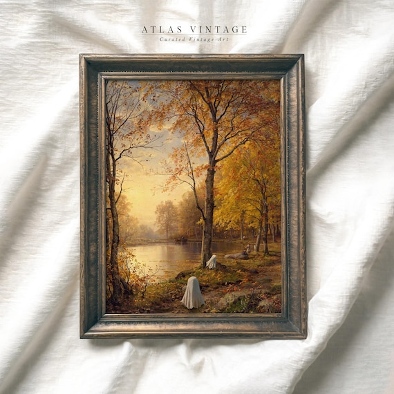 Two Cute Ghosts Golden Autumn Lake Forest Vintage Halloween Landscape Poster