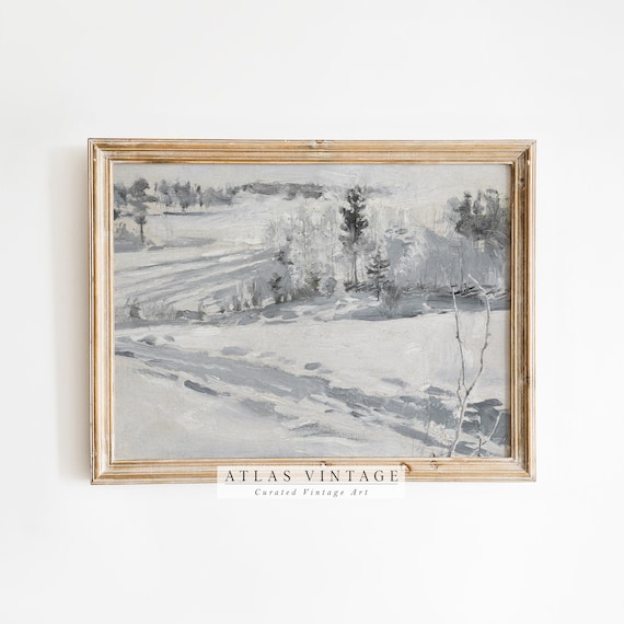 Muted Snowy Winter Landscape With Winding Path Minimalist Vintage Poster