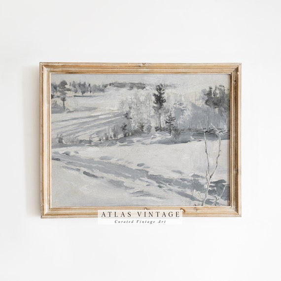 Vintage Snowy Landscape Print Antique Moody Winter Painting Rustic Farmhouse Decor French Country Wall Art