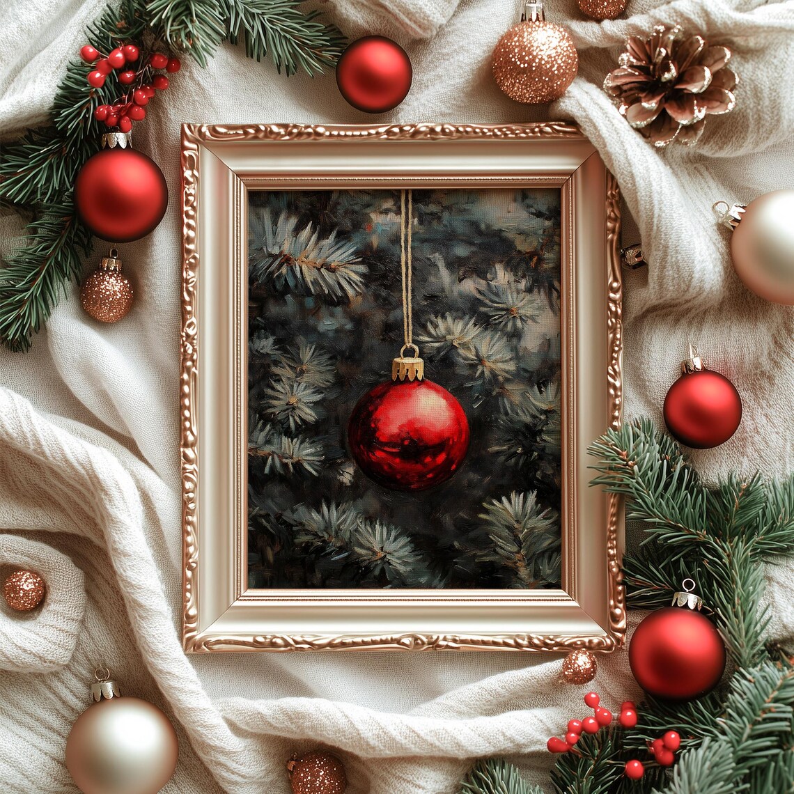 Red Christmas Bauble on Snowy Pine Vintage Oil Painting Poster - Image 6