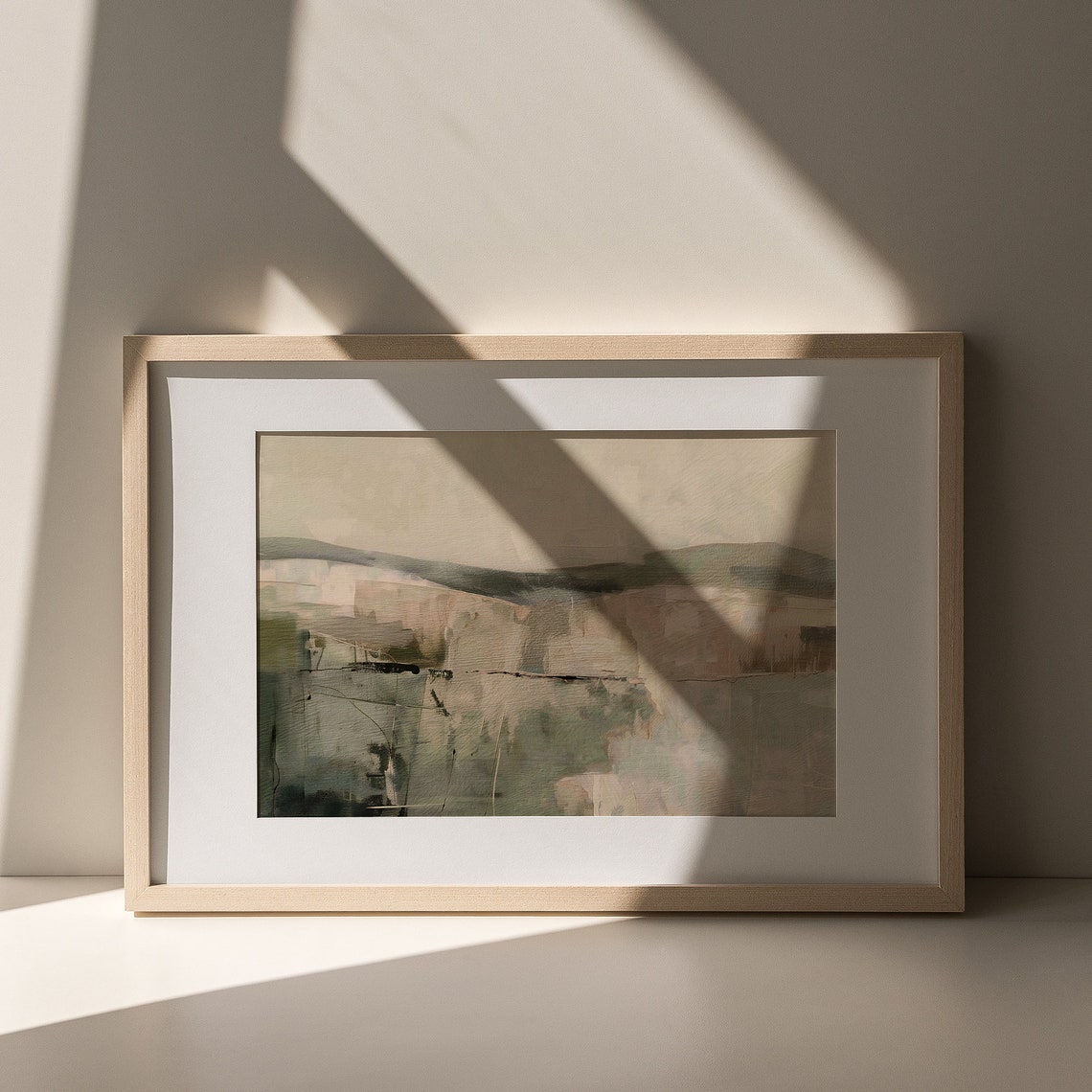 Checkered Abstract Landscape Painting Neutral Minimalist Print Earthy Green Midcentury Modern Decor Rustic Wall Art - Image 5