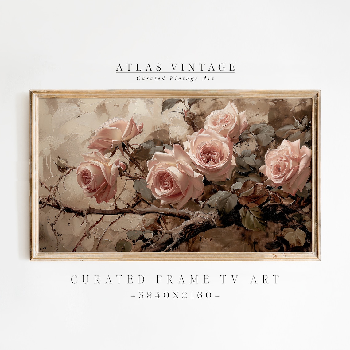 Pink Roses on Thorny Branch Vintage Blush Rose Botanical Art Poster