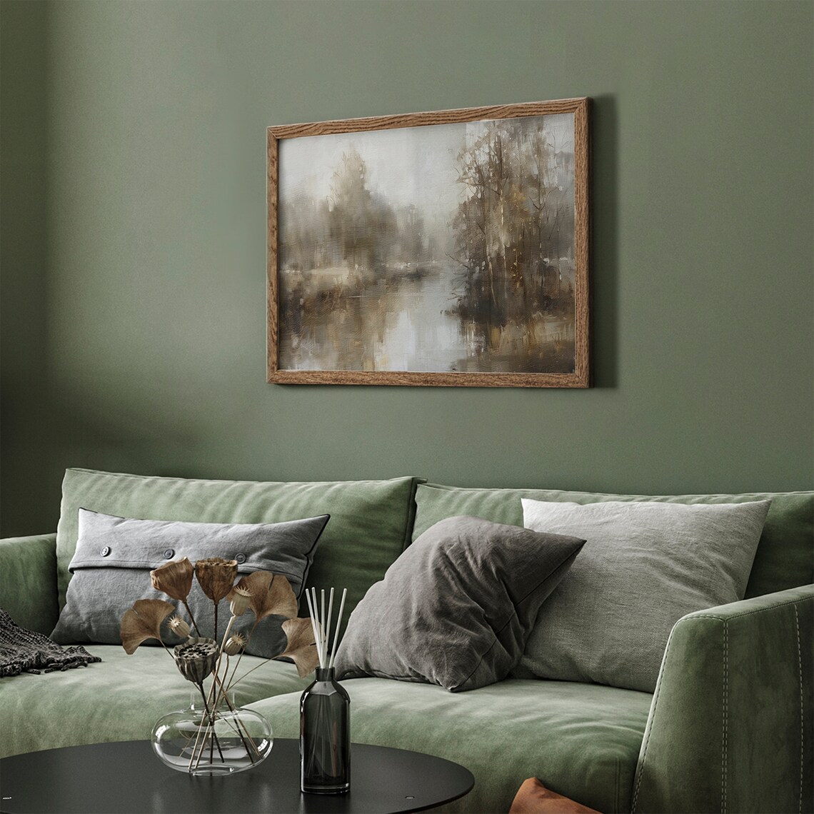 Muted Gray Forest River Misty Vintage Abstract Landscape Painting Poster - Image 3