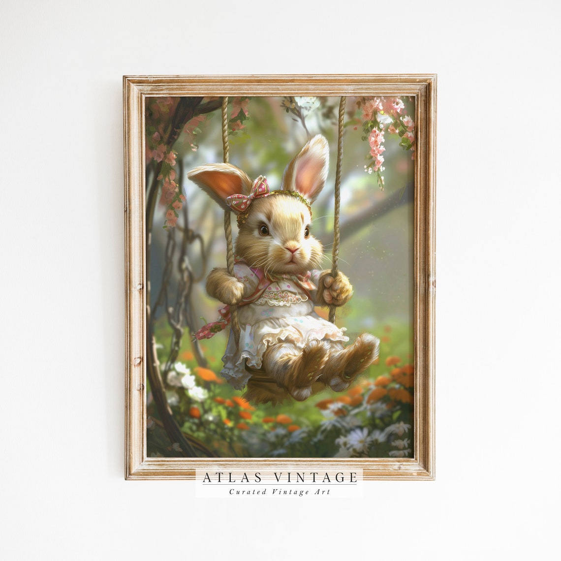 Vintage Cute Swinging Easter Bunny Print Spring Rabbit Wall Art Nursery Dcor Kids Room Dcor Antique Bunny Painting