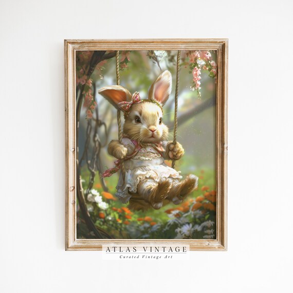 Cute Bunny on a Swing Among Pink Blossoms Spring Nursery Rabbit Poster