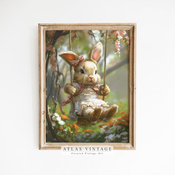 Vintage Cute Swinging Easter Bunny Print Spring Rabbit Wall Art Nursery Dcor Kids Room Dcor Antique Bunny Painting