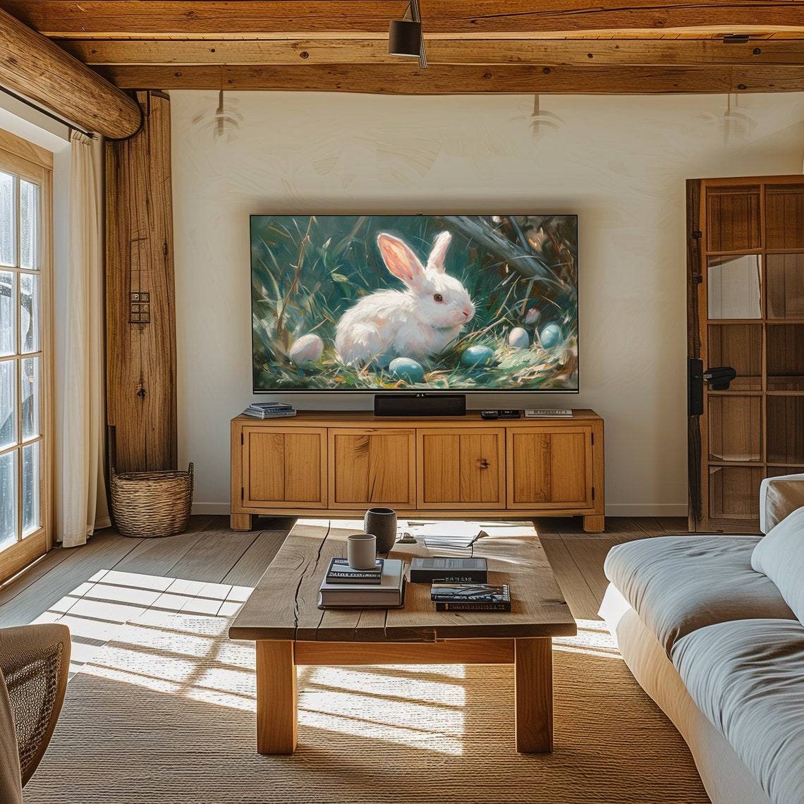 White Easter Bunny with Painted Eggs Spring Meadow Painting Poster - Image 7