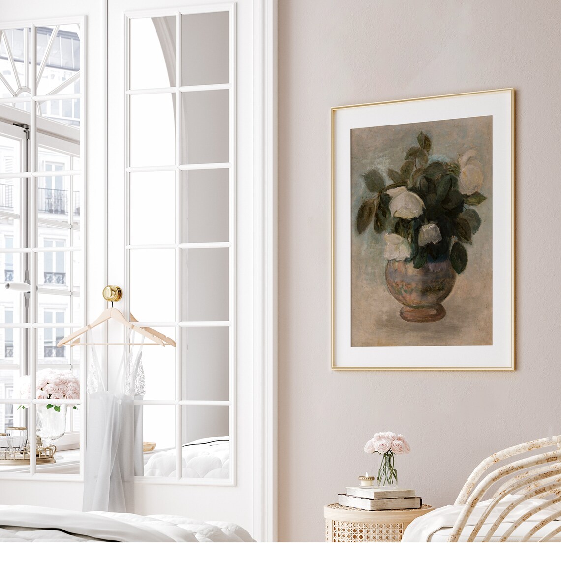 White Roses in Vase Muted Vintage Still Life Floral Painting Poster - Image 7