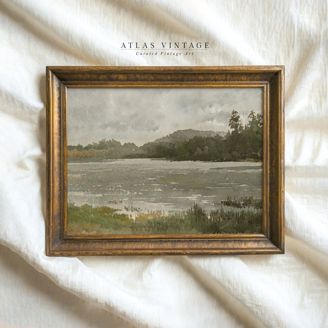 Watercolor Lake Scene Painting Muted Green Landscape Art Print Rustic Lake House Decor Wall Art Downoad
