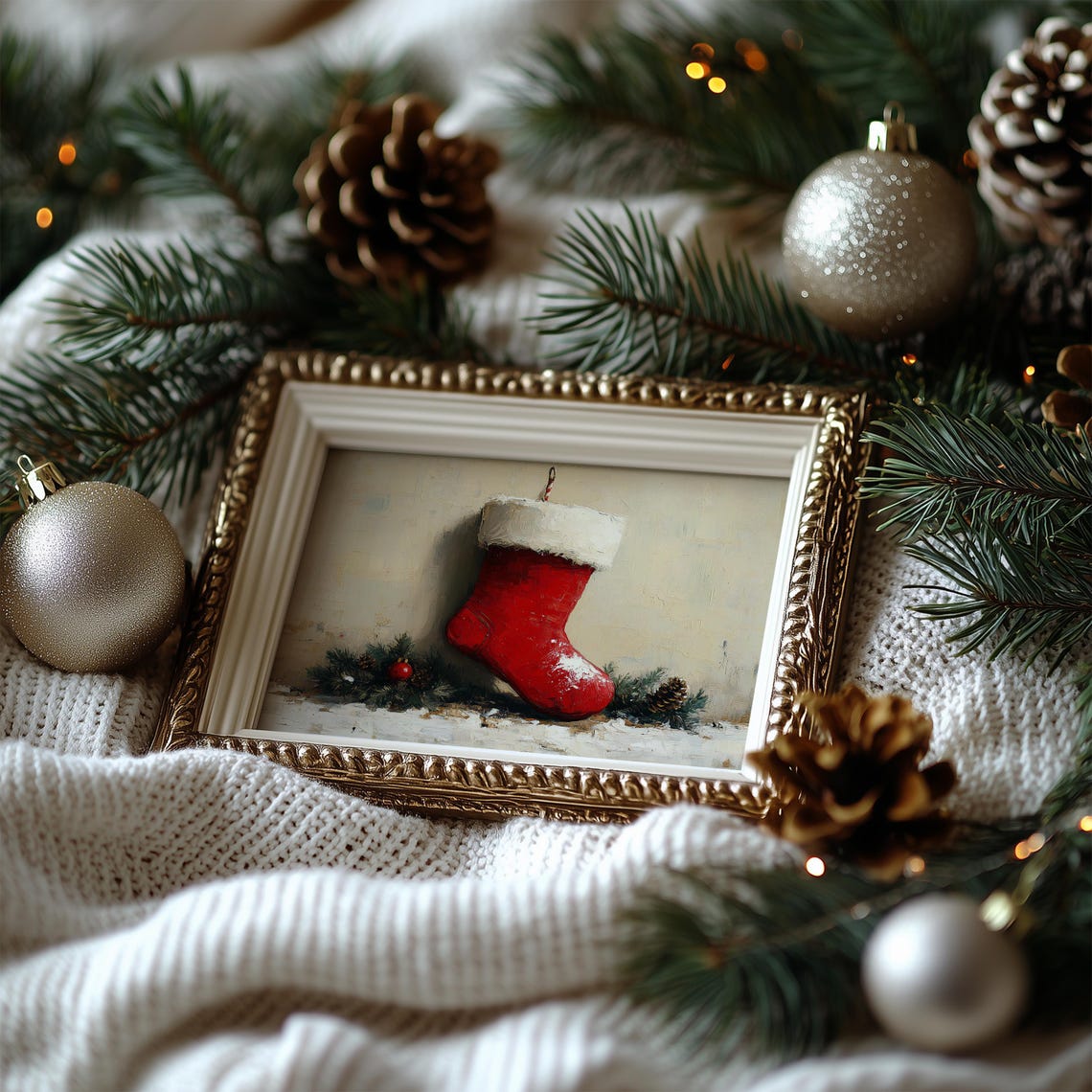 Red Christmas Stocking with Pinecones Vintage Holiday Art Poster - Image 7