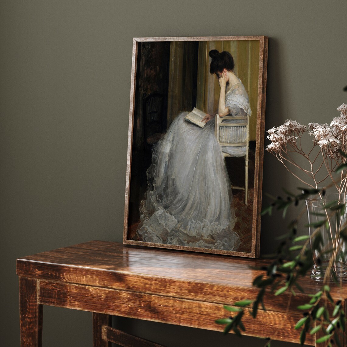 Vintage Woman Reading Book Portrait Moody White Dress Interior Poster - Image 6