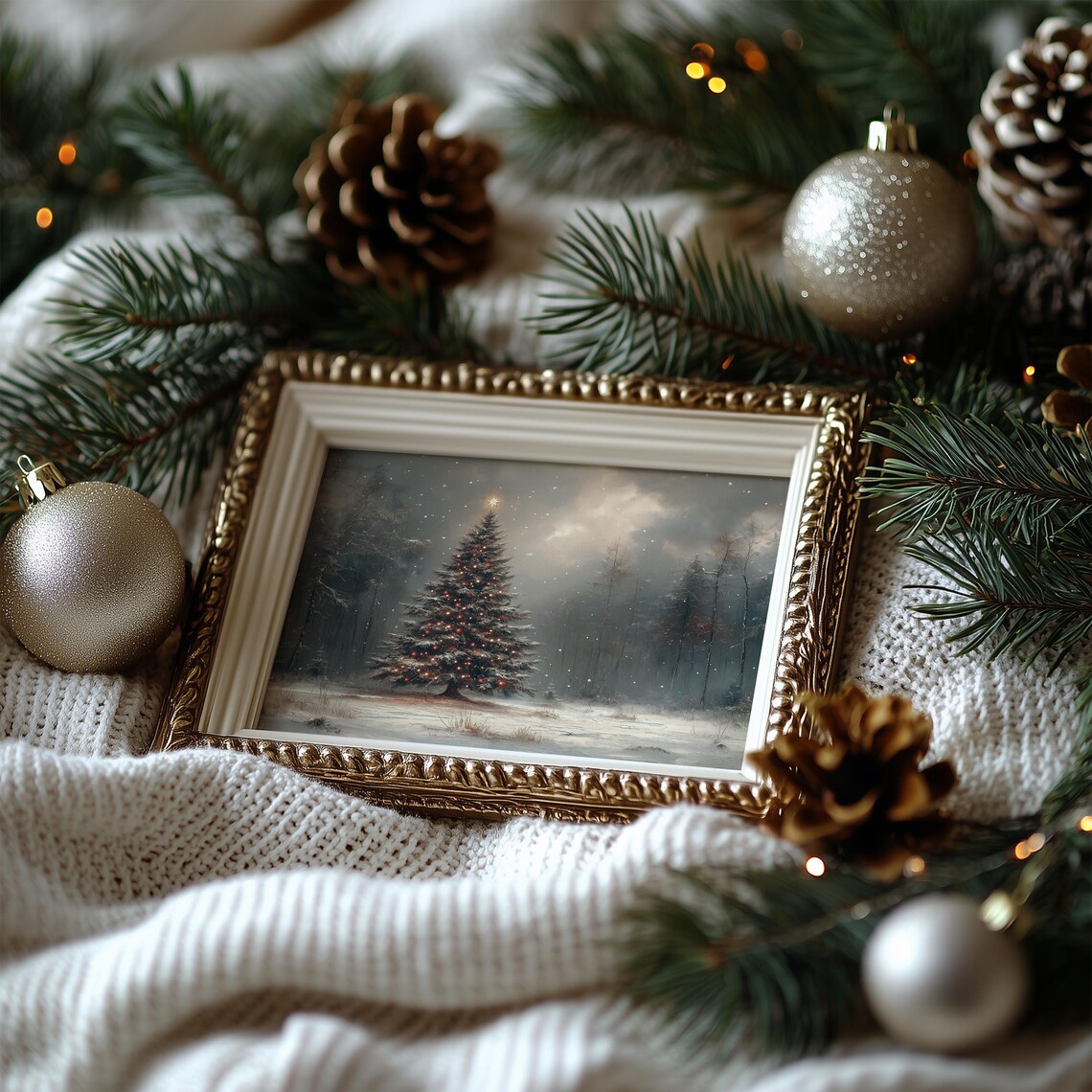 Vintage Snowy Christmas Tree Winter Forest Lights Moody Poster - Image 7