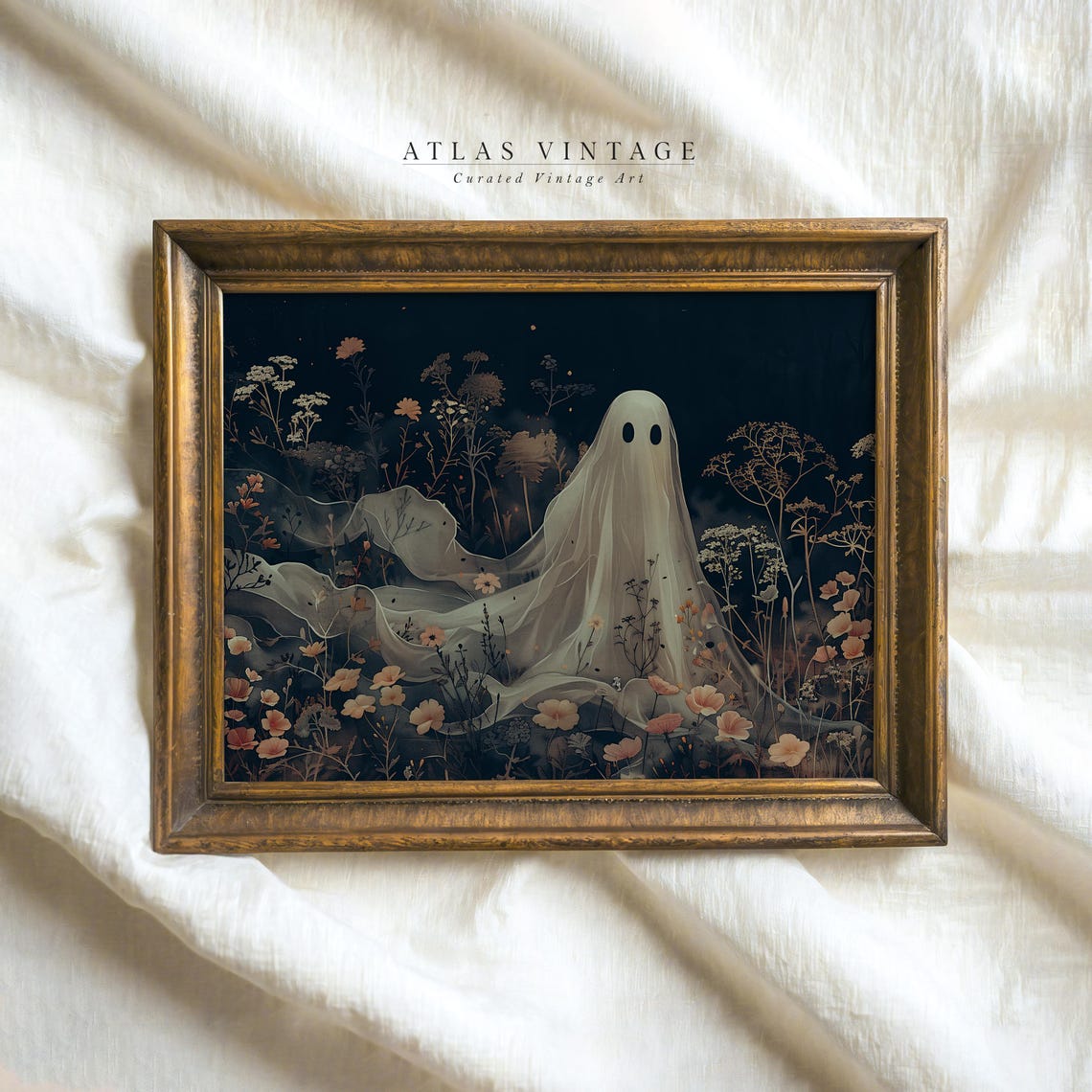 Cute Ghost in Dark Wildflower Meadow Spooky Night Whimsy Art Poster - Image 5