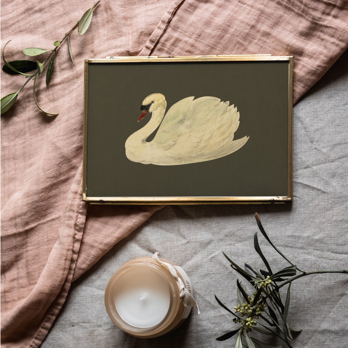 Minimalist White Swan on Dark Olive Elegant Bird Painting Poster - Image 3