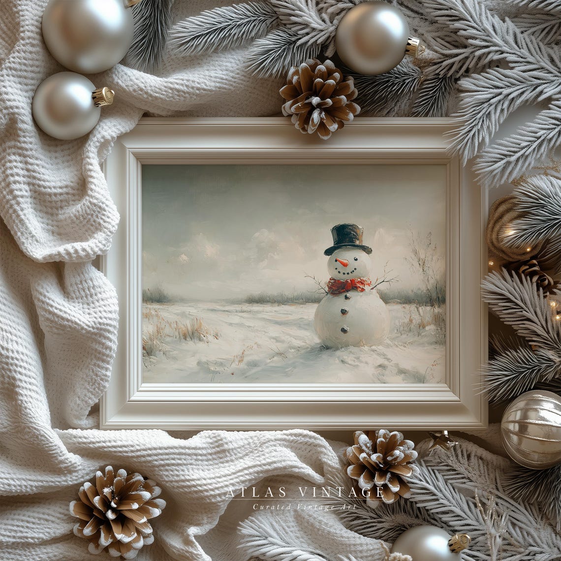 Snowman With Top Hat Red Scarf Vintage Winter Painting Poster - Image 6