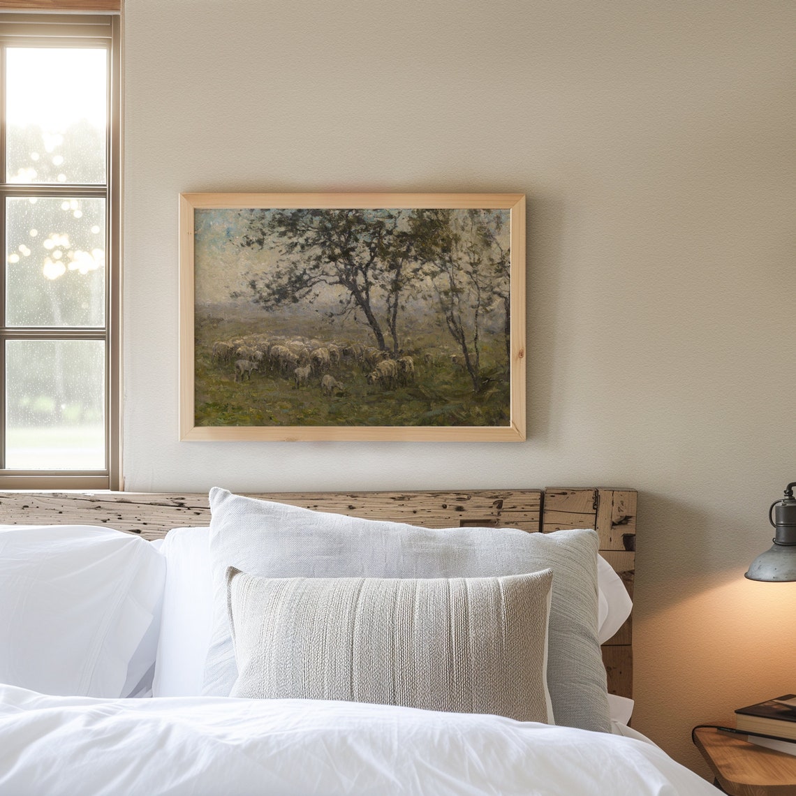 Sheep Flock in Misty Meadow Vintage Pastoral Painting Rustic Wall Art - Image 7