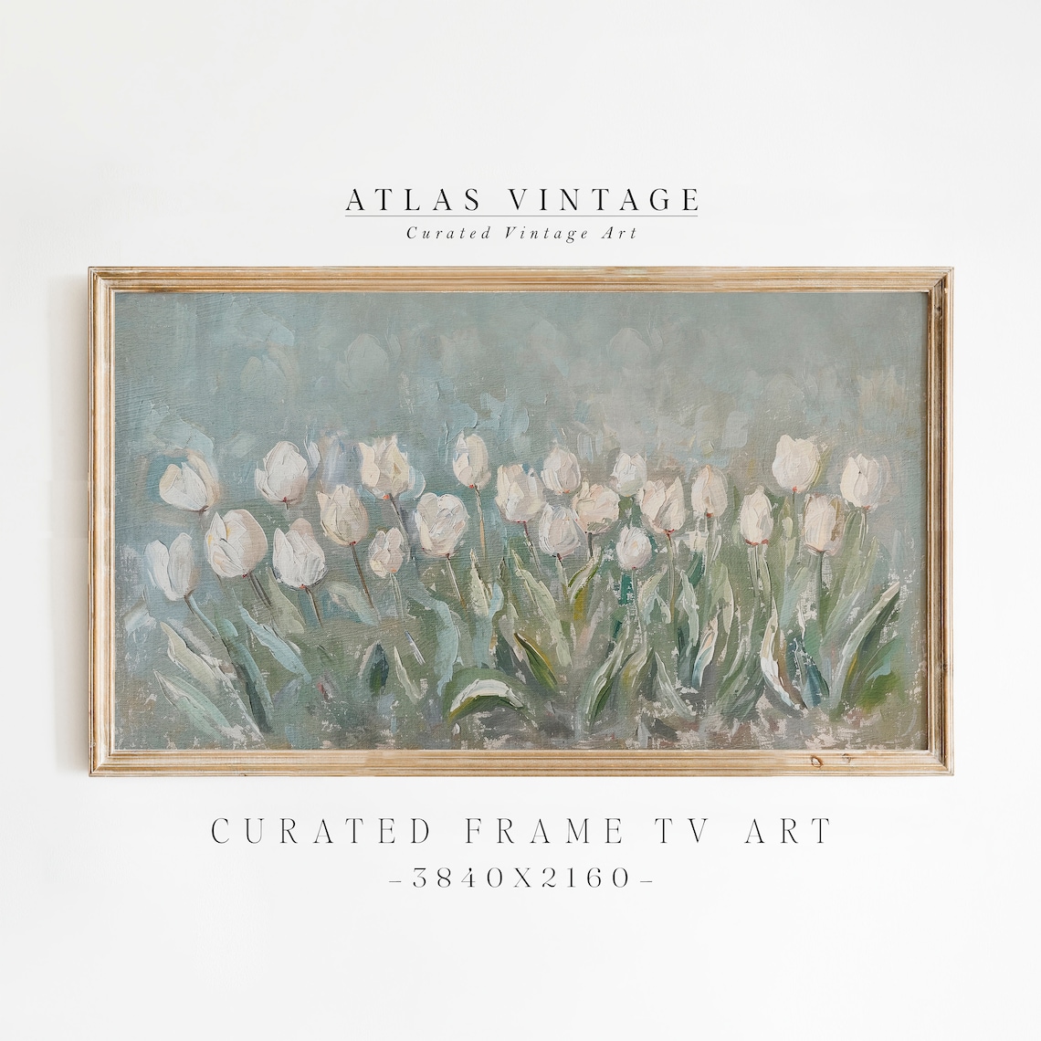White Tulips Field Sage Blue Floral Painting Spring Frame TV Wall Art
