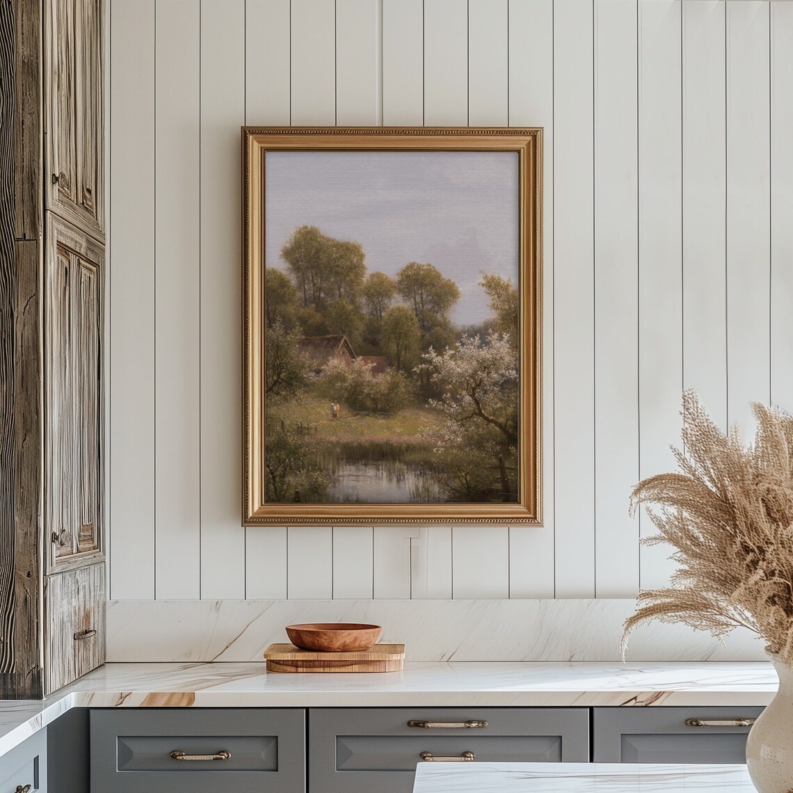 Vintage Country Cottage by Pond Spring Blossom Trees Landscape Art Poster - Image 5