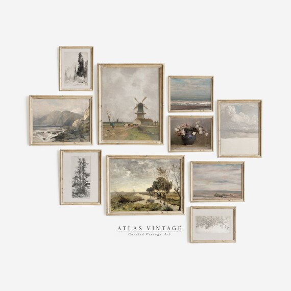 Ten Piece Curated Vintage Gallery Wall Set Landscapes Florals Sketches Print