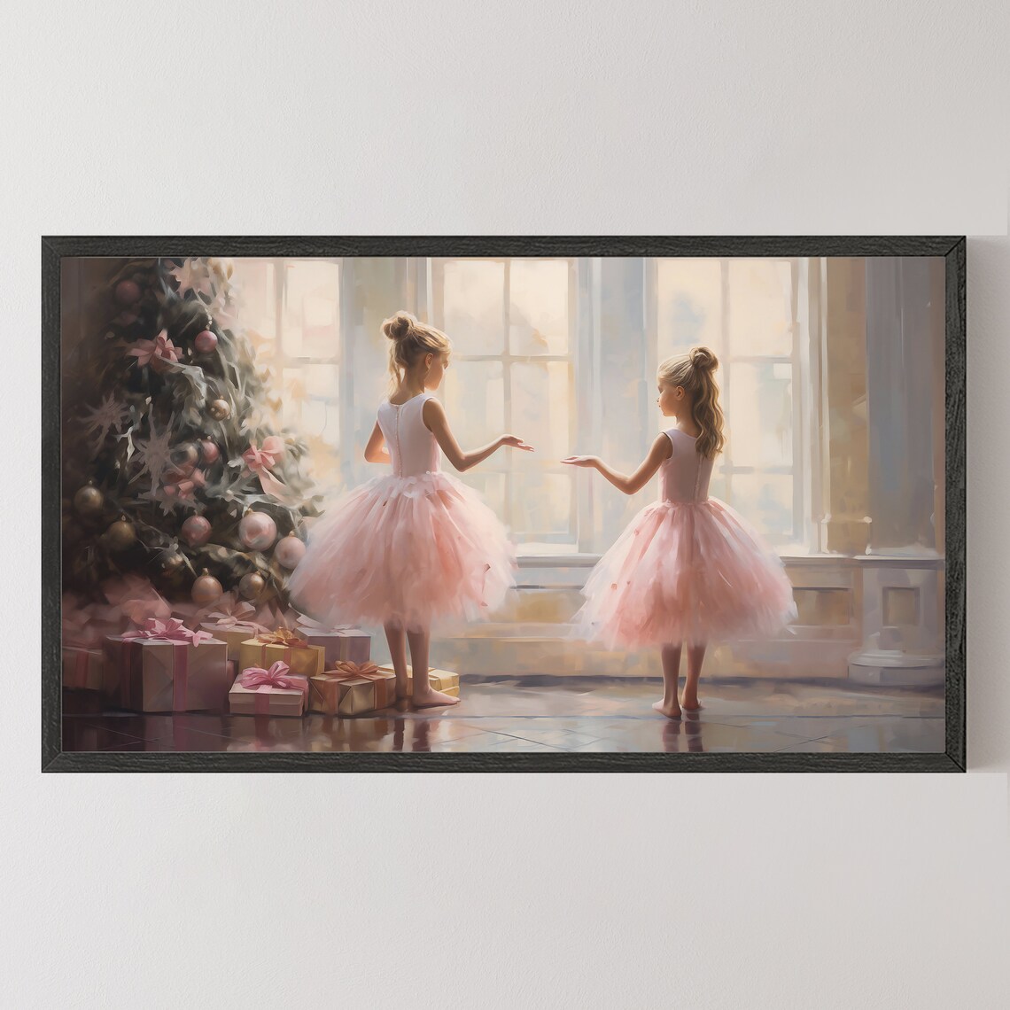 Ballerina Girls by Christmas Tree Pink Tutu Holiday Painting Poster - Image 6
