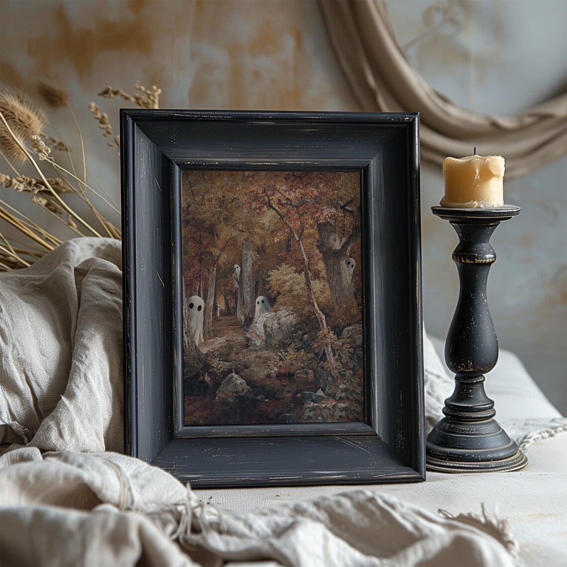 Cute Ghosts in Autumn Forest Vintage Halloween Woodland Art Poster - Image 3
