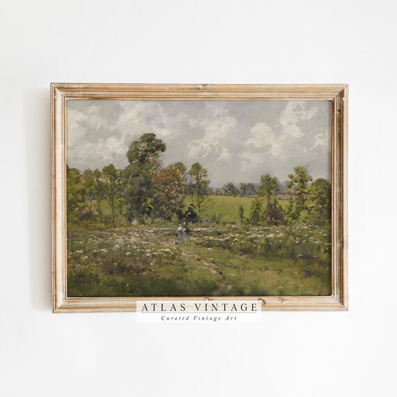 Vintage Spring Meadow Landscape Trees Under Cloudy Sky Art Poster