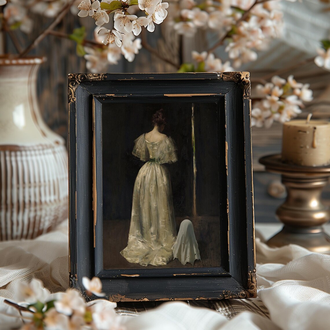 Victorian Woman With a Cute Little Ghost Vintage Halloween Poster - Image 6