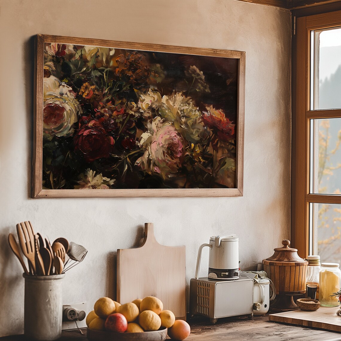 Moody Dark Fall Floral Oil Painting Rich Autumn Blossoms Art Poster - Image 2