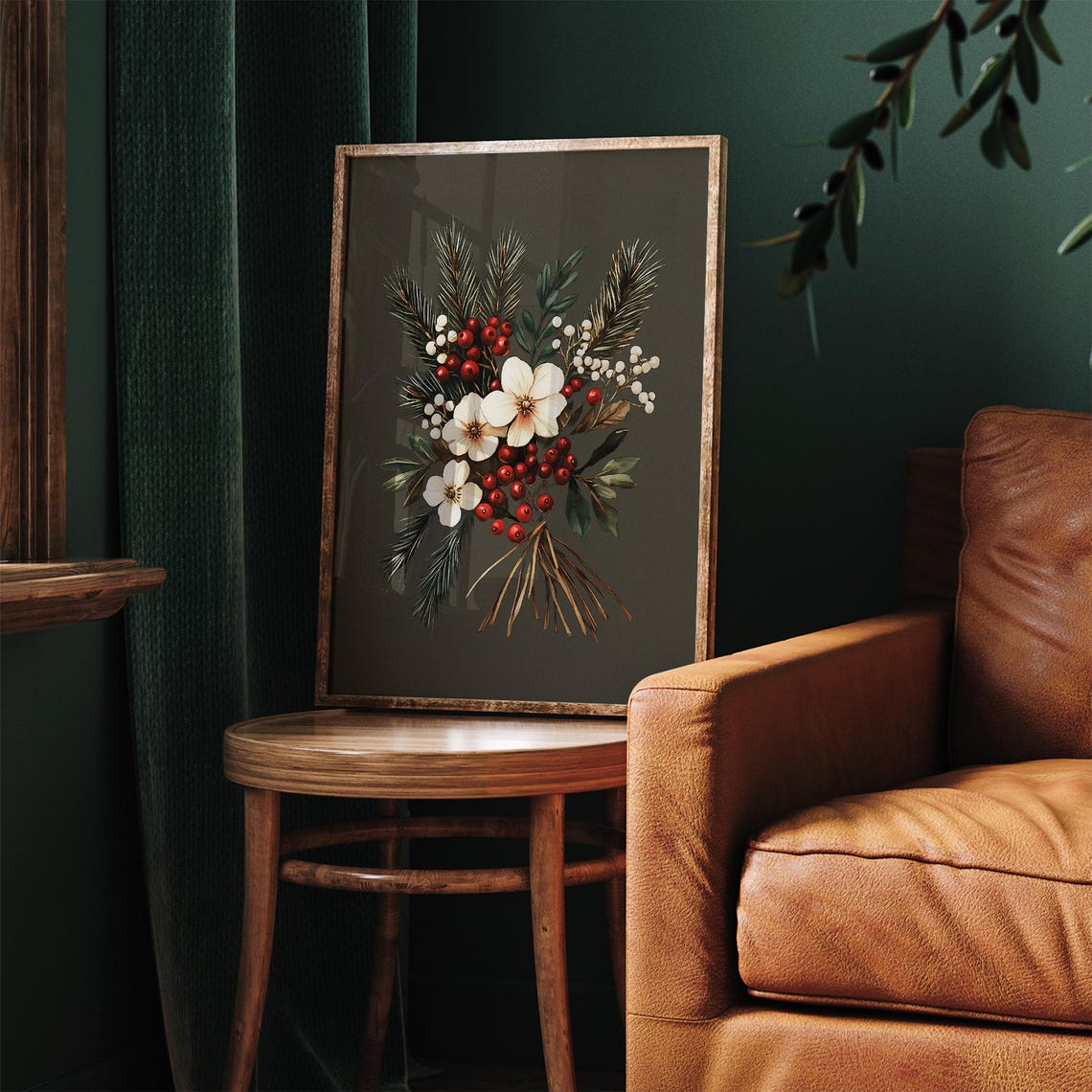 Winter Pine and Red Berry Bouquet Vintage Christmas Floral Poster - Image 5