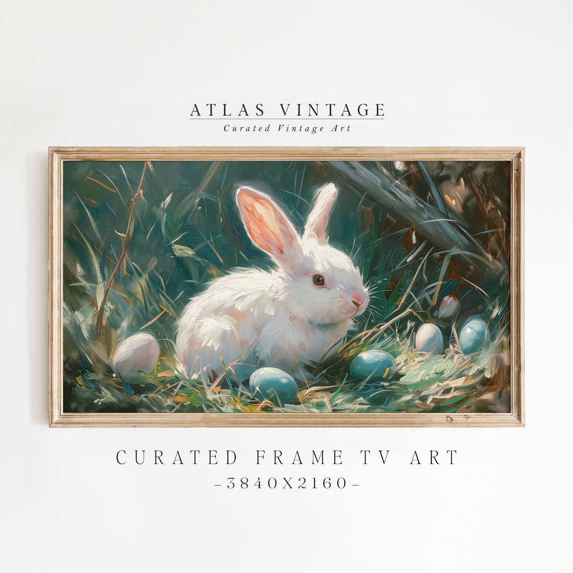 White Easter Bunny with Painted Eggs Spring Meadow Painting Poster