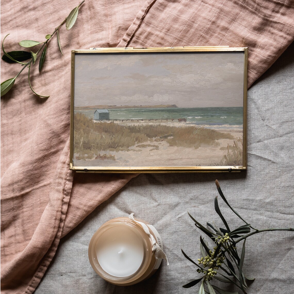 Tiny Vintage Beach House Dune Grass Green Sea Muted Coastal Painting Poster - Image 2