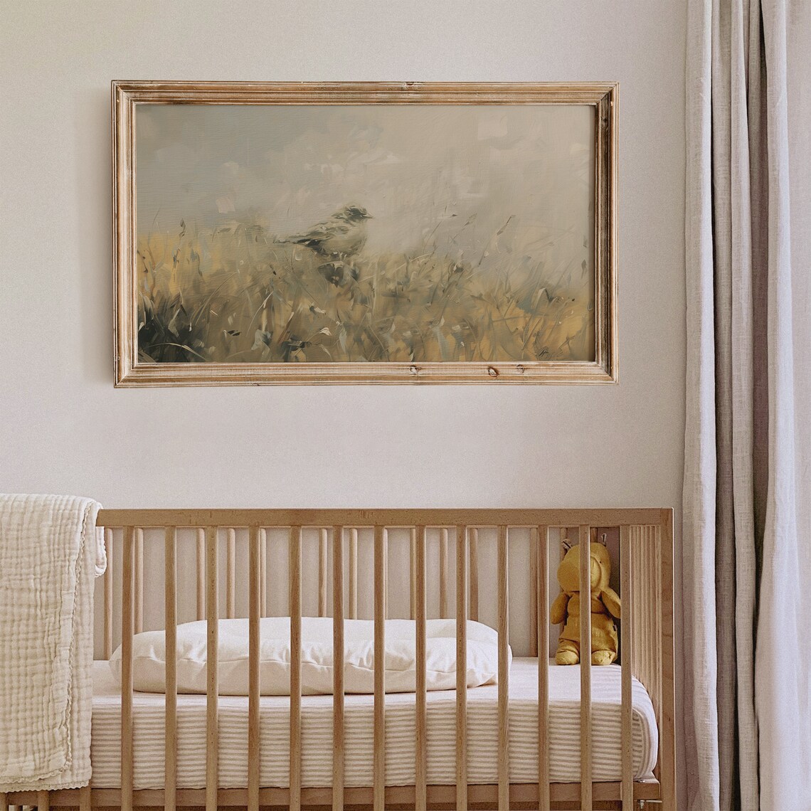 Songbird in Golden Field Soft Neutral Vintage Nature Art Poster - Image 3