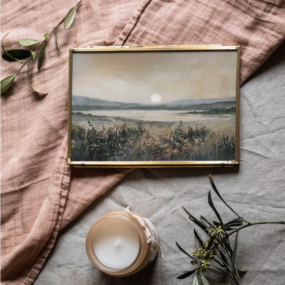 Soft Fall Sunset Over Lake Autumn Wildflower Meadow Shore Poster - Image 3