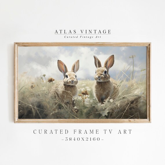 Two Cute Bunnies in Sunny Wildflower Meadow Vintage Spring Painting Poster