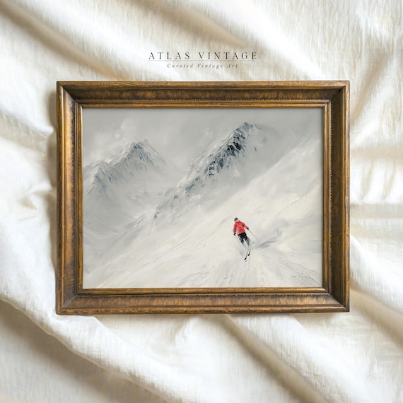 Lone Skier In Red Jacket Descending Misty Snowy Mountain Slope Poster