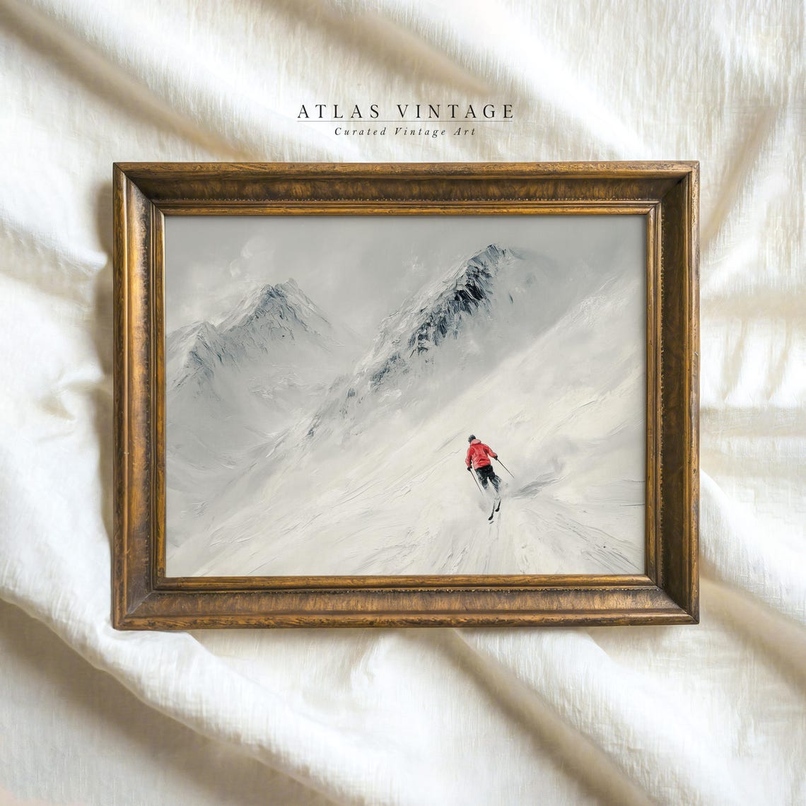 Lone Skier In Red Jacket Descending Misty Snowy Mountain Slope Poster