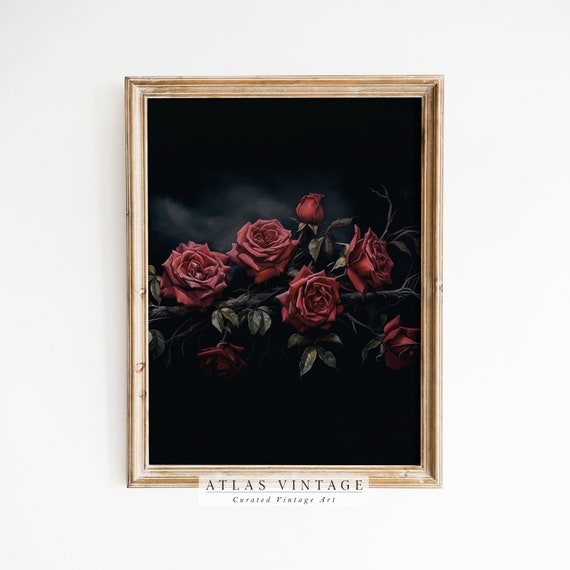 Vintage Valentine Flower Print Antique Red Rose Painting Floral Valentine Wall Art Dark Moody Botanical Dcor