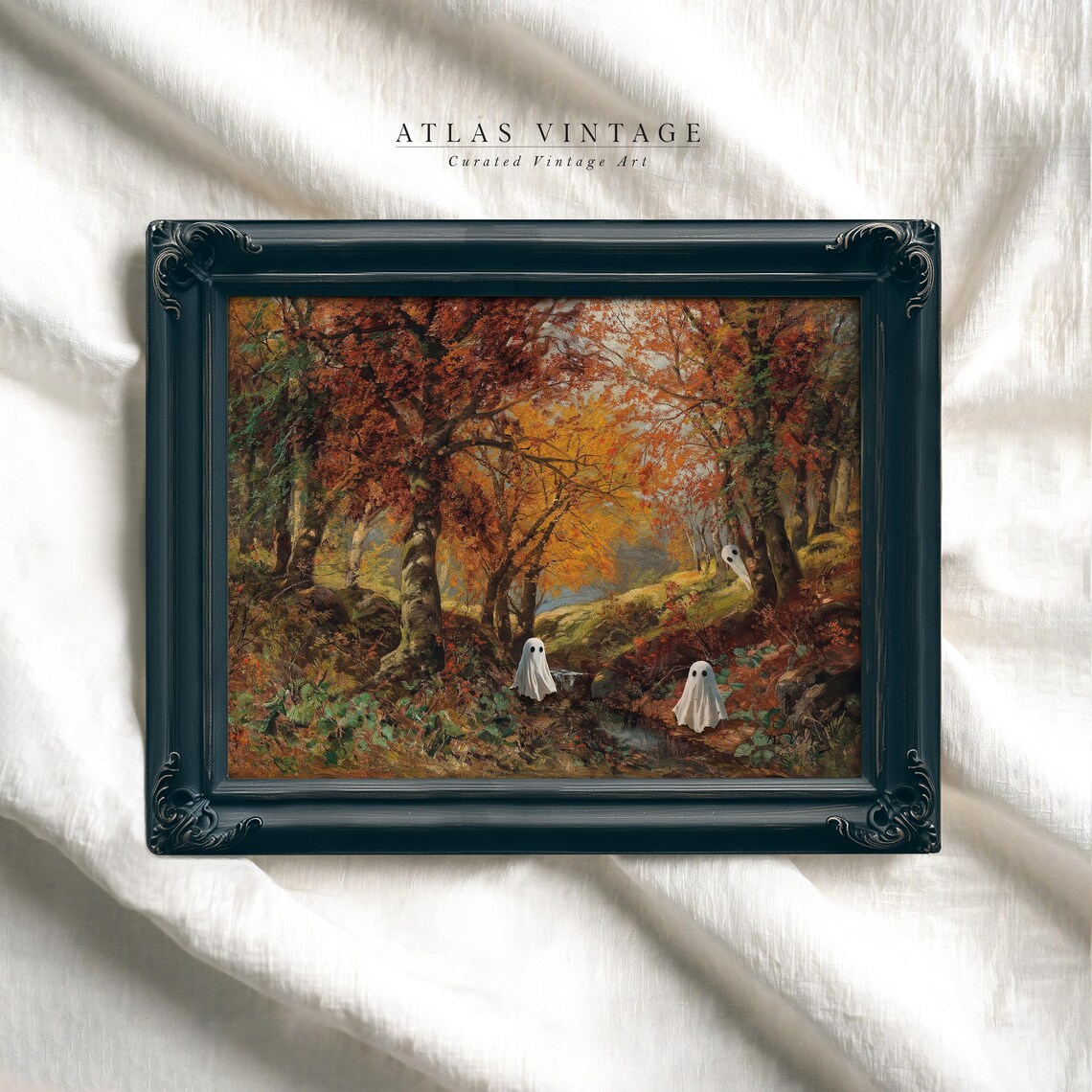 Three Cute Ghosts Wandering Autumn Woods Vintage Halloween Fall Art Poster - Image 5